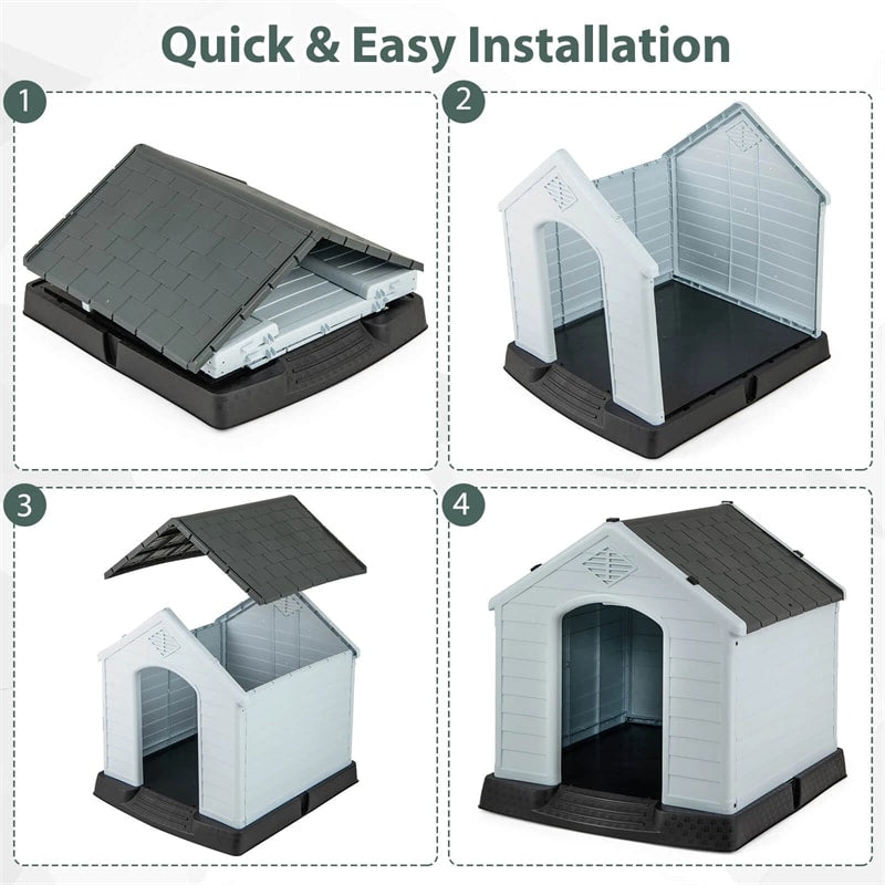 Waterproof Plastic Dog House with Elevated Floor & Air Vents for Small & Medium Dogs, Indoor Outdoor Dog Kennel Cat House Feeding Station