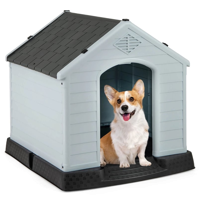 Waterproof Plastic Dog House with Elevated Floor & Air Vents for Small & Medium Dogs, Indoor Outdoor Dog Kennel Cat House Feeding Station