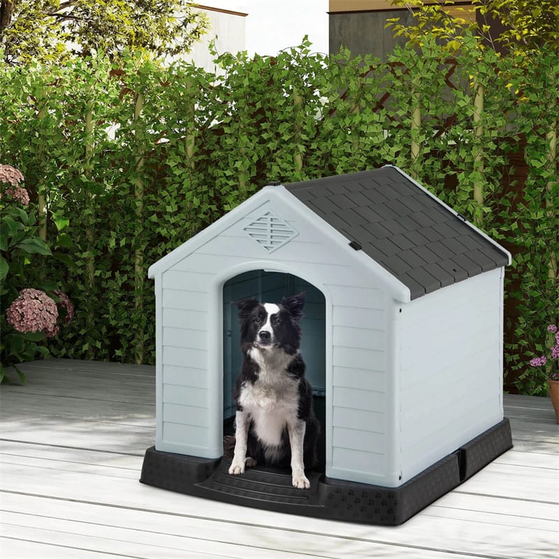 Waterproof Plastic Dog House with Elevated Floor & Air Vents for Small & Medium Dogs, Indoor Outdoor Dog Kennel Cat House Feeding Station