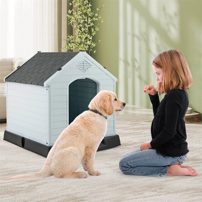 Waterproof Plastic Dog House with Elevated Floor & Air Vents for Small & Medium Dogs, Indoor Outdoor Dog Kennel Cat House Feeding Station