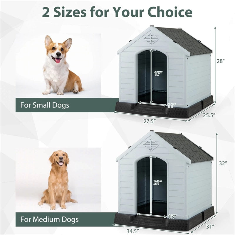 Waterproof Plastic Dog House with Elevated Floor & Air Vents for Small & Medium Dogs, Indoor Outdoor Dog Kennel Cat House Feeding Station