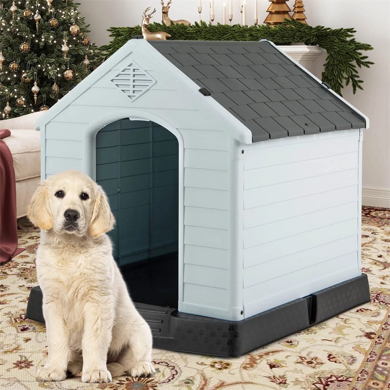 Waterproof Plastic Dog House with Elevated Floor & Air Vents for Small & Medium Dogs, Indoor Outdoor Dog Kennel Cat House Feeding Station