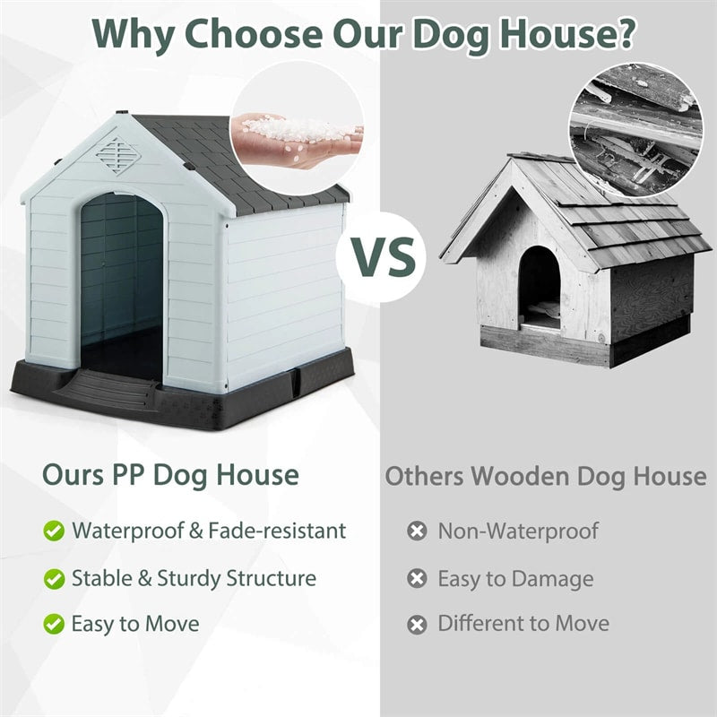 Waterproof Plastic Dog House with Elevated Floor & Air Vents for Small & Medium Dogs, Indoor Outdoor Dog Kennel Cat House Feeding Station