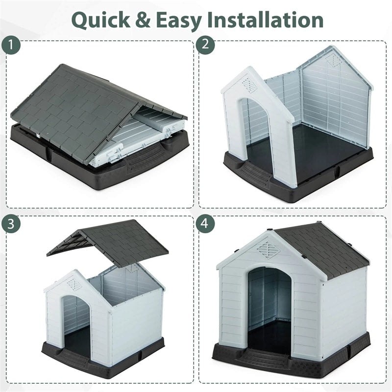 Waterproof Plastic Dog House with Elevated Floor & Air Vents for Small & Medium Dogs, Indoor Outdoor Dog Kennel Cat House Feeding Station