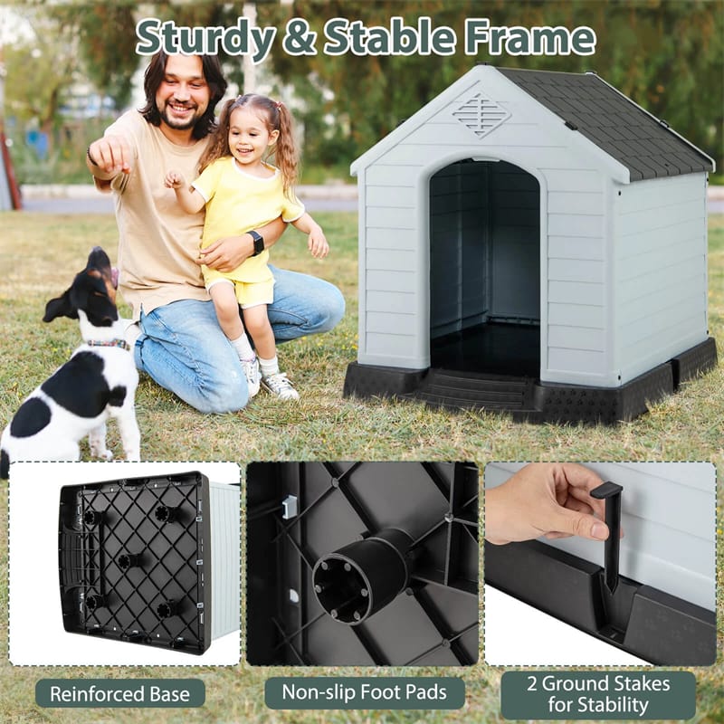 Waterproof Plastic Dog House with Elevated Floor & Air Vents for Small & Medium Dogs, Indoor Outdoor Dog Kennel Cat House Feeding Station