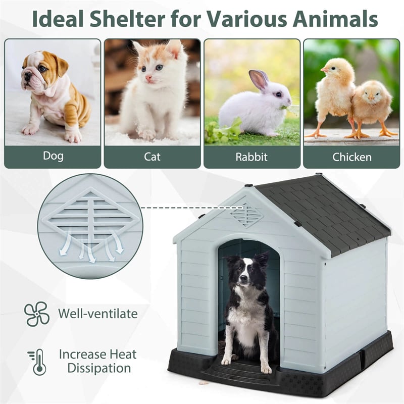 Waterproof Plastic Dog House with Elevated Floor & Air Vents for Small & Medium Dogs, Indoor Outdoor Dog Kennel Cat House Feeding Station