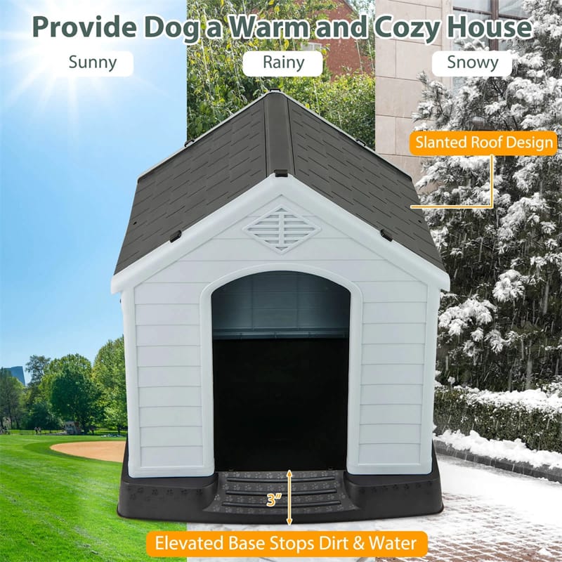 Waterproof Plastic Dog House with Elevated Floor & Air Vents for Small & Medium Dogs, Indoor Outdoor Dog Kennel Cat House Feeding Station