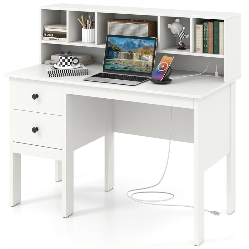 48" Home Office Desk with Power Outlets, USB & Type-C Charging Station, Modern Writing Desk w/ 5-Cubby Hutch & Drawers for Study Makeup Vanity