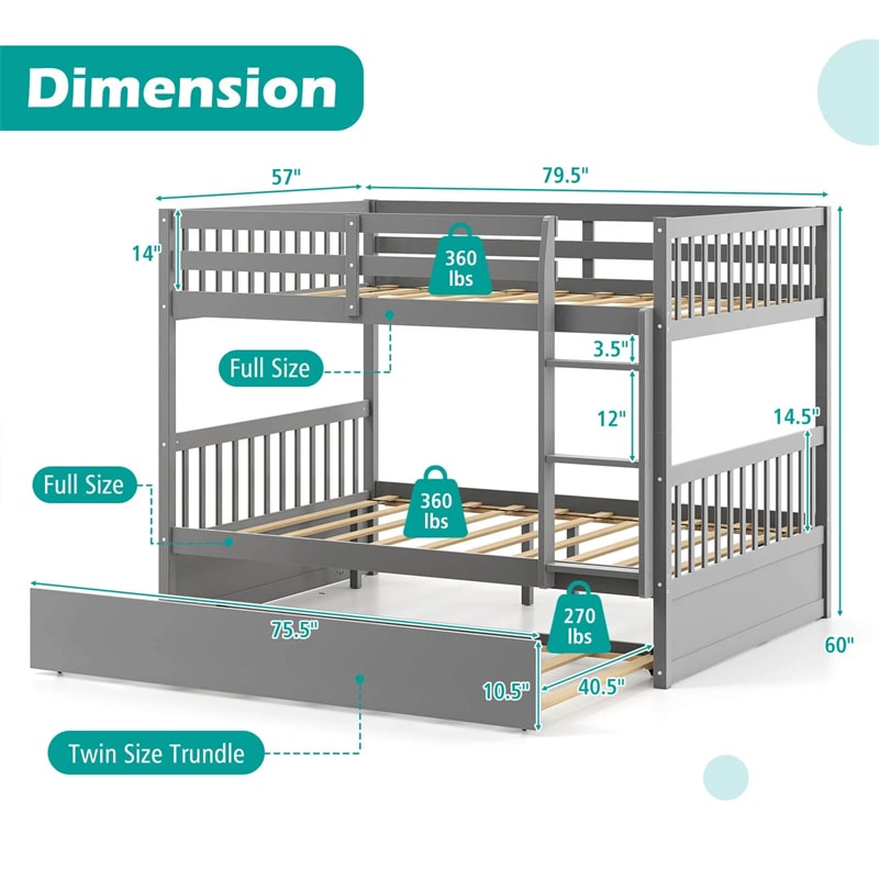 Full Over Full Bunk Bed with Trundle, Solid Wood Frame & Guardrails/Ladder, Space-Saving Bunk Bed for Adults Kids Teens, No Box Spring Needed