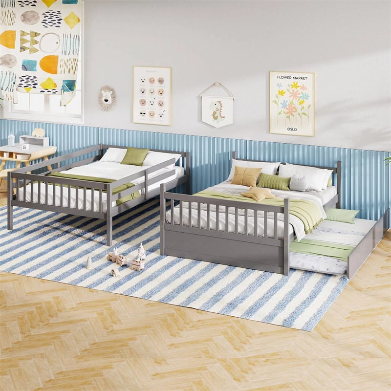 Full Over Full Bunk Bed with Trundle, Solid Wood Frame & Guardrails/Ladder, Space-Saving Bunk Bed for Adults Kids Teens, No Box Spring Needed