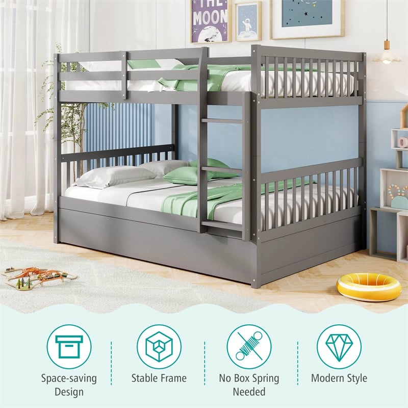 Full Over Full Bunk Bed with Trundle, Solid Wood Frame & Guardrails/Ladder, Space-Saving Bunk Bed for Adults Kids Teens, No Box Spring Needed