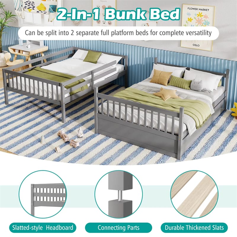 Full Over Full Bunk Bed with Trundle, Solid Wood Frame & Guardrails/Ladder, Space-Saving Bunk Bed for Adults Kids Teens, No Box Spring Needed