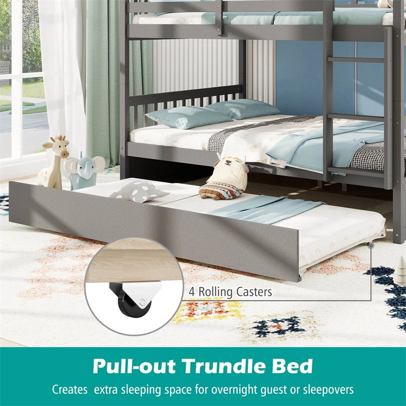 Full Over Full Bunk Bed with Trundle, Solid Wood Frame & Guardrails/Ladder, Space-Saving Bunk Bed for Adults Kids Teens, No Box Spring Needed