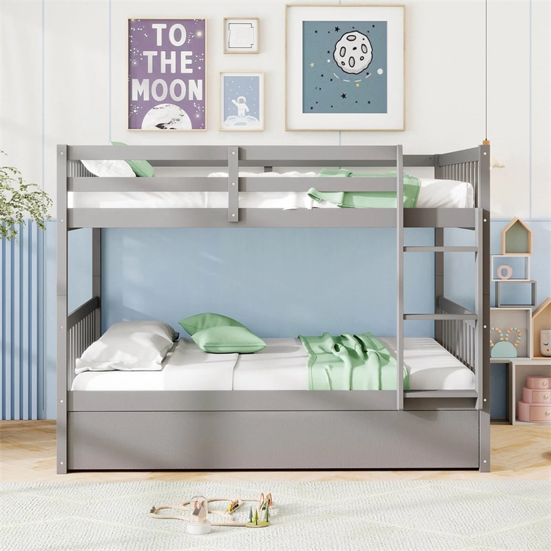 Full Over Full Bunk Bed with Trundle, Solid Wood Frame & Guardrails/Ladder, Space-Saving Bunk Bed for Adults Kids Teens, No Box Spring Needed