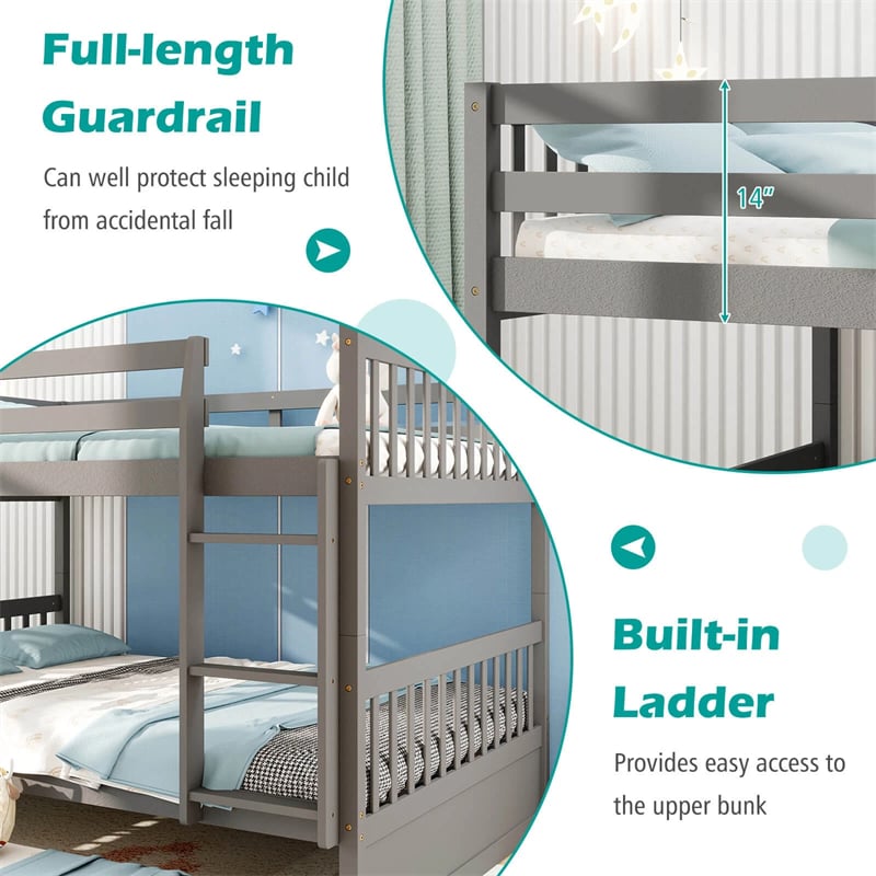 Full Over Full Bunk Bed with Trundle, Solid Wood Frame & Guardrails/Ladder, Space-Saving Bunk Bed for Adults Kids Teens, No Box Spring Needed