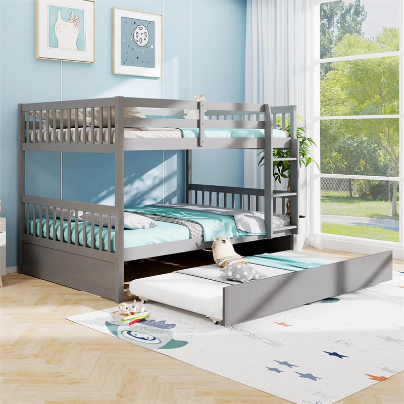 Full Over Full Bunk Bed with Trundle, Solid Wood Frame & Guardrails/Ladder, Space-Saving Bunk Bed for Adults Kids Teens, No Box Spring Needed