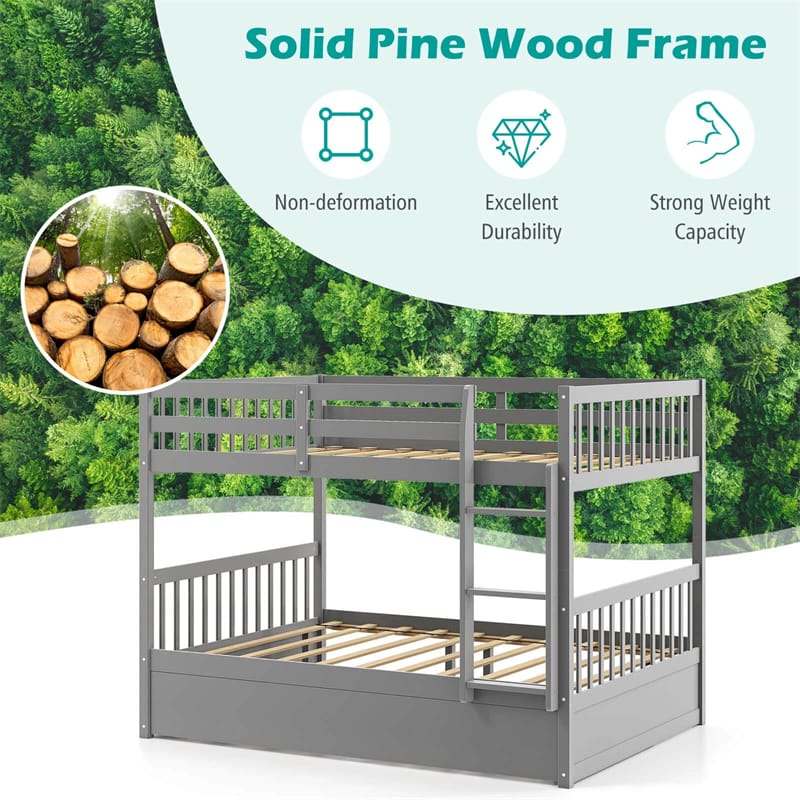 Full Over Full Bunk Bed with Trundle, Solid Wood Frame & Guardrails/Ladder, Space-Saving Bunk Bed for Adults Kids Teens, No Box Spring Needed