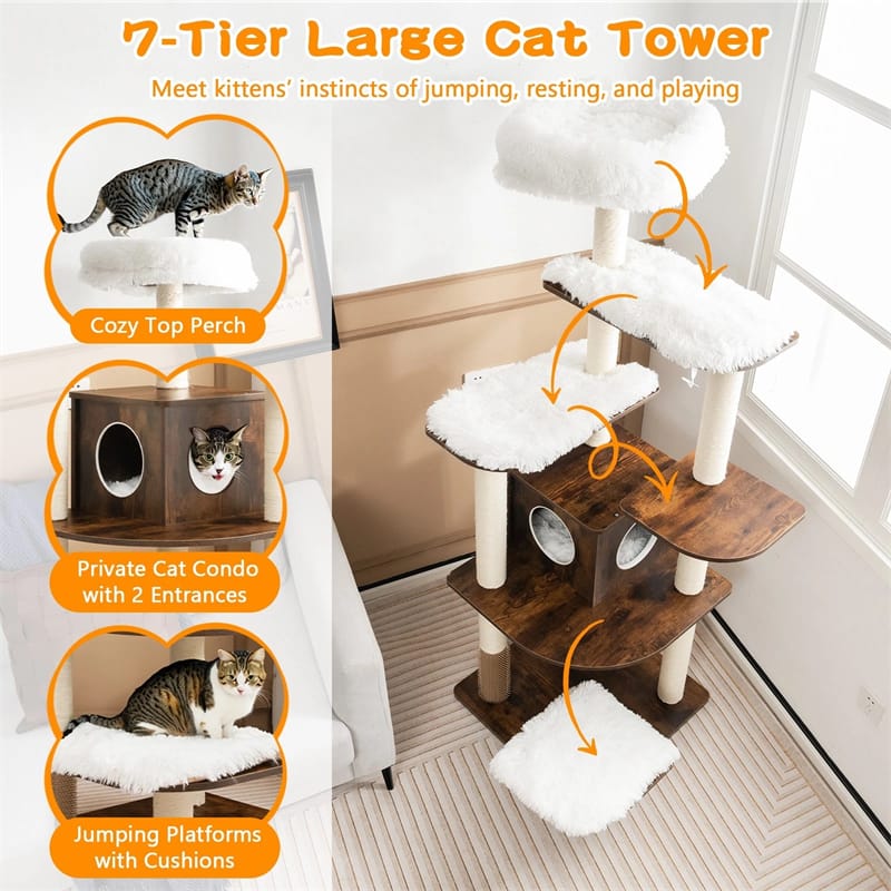 69" Tall Cat Tree, Modern Wood Cat Tower with Multi-Level Platforms, Sisal Scratching Posts & Washable Cushions for Large Cats up to 20 lbs