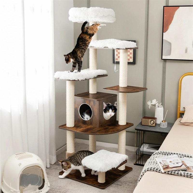 69" Tall Cat Tree, Modern Wood Cat Tower with Multi-Level Platforms, Sisal Scratching Posts & Washable Cushions for Large Cats up to 20 lbs