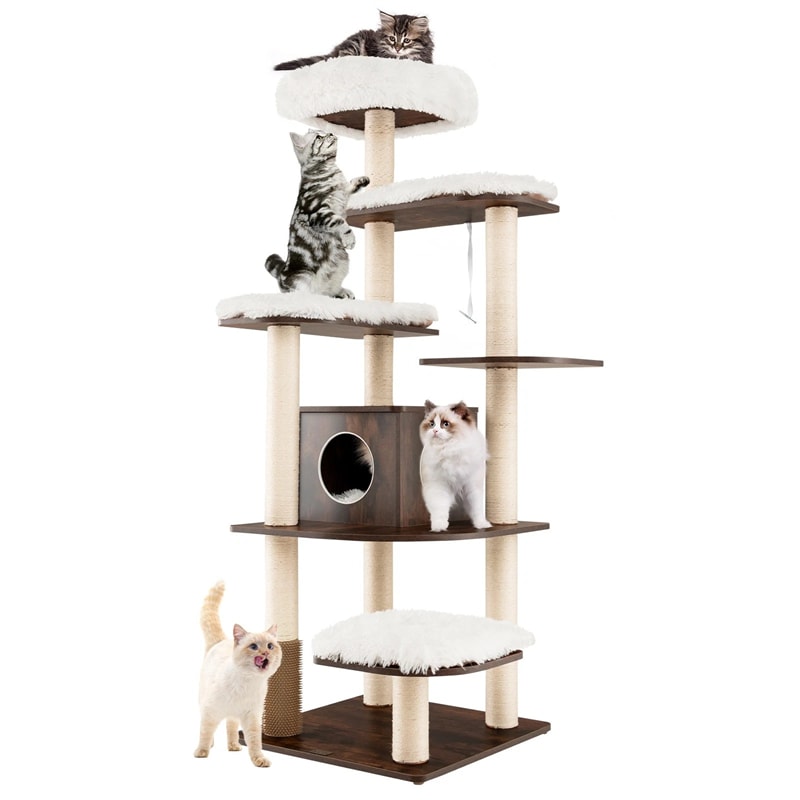 69" Tall Cat Tree, Modern Wood Cat Tower with Multi-Level Platforms, Sisal Scratching Posts & Washable Cushions for Large Cats up to 20 lbs