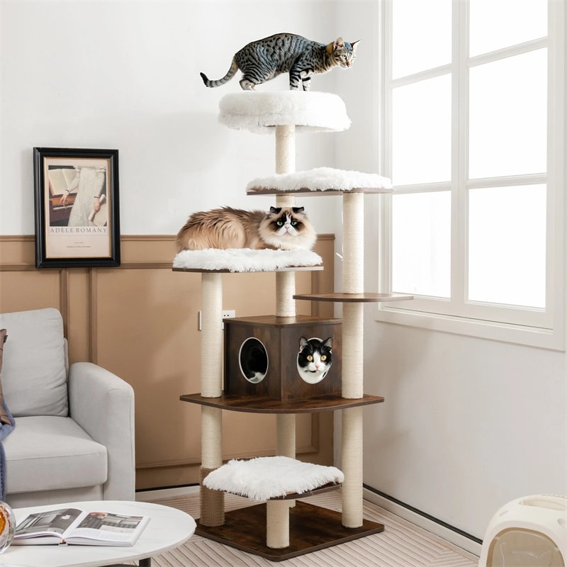 69" Tall Cat Tree, Modern Wood Cat Tower with Multi-Level Platforms, Sisal Scratching Posts & Washable Cushions for Large Cats up to 20 lbs