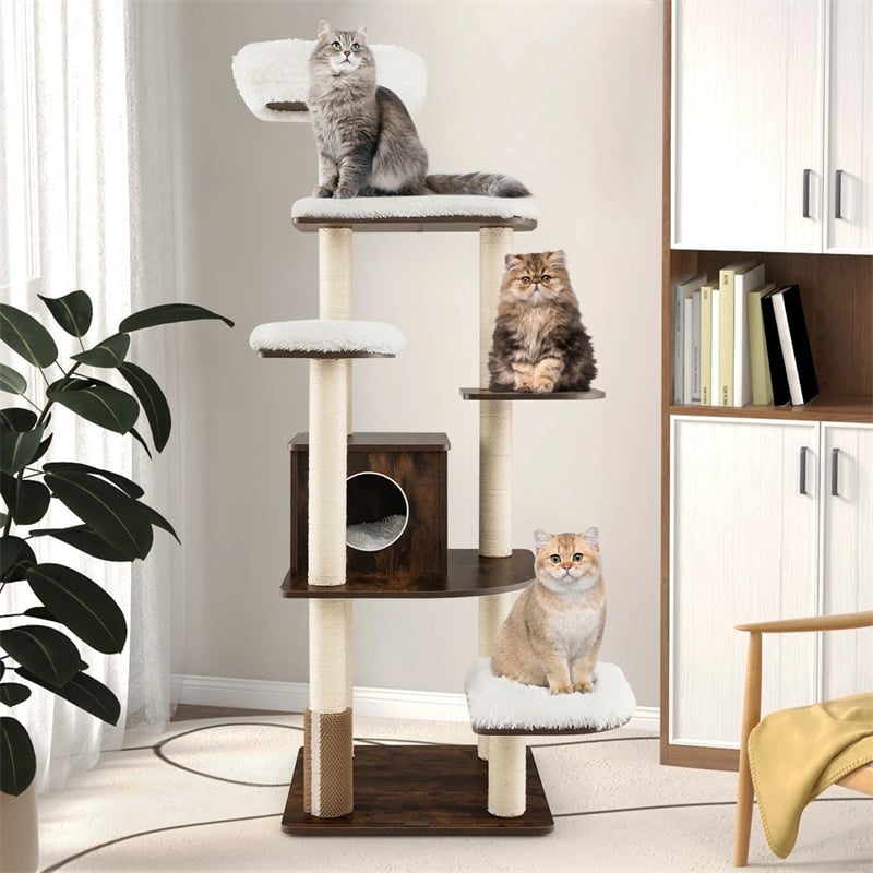 69" Tall Cat Tree, Modern Wood Cat Tower with Multi-Level Platforms, Sisal Scratching Posts & Washable Cushions for Large Cats up to 20 lbs