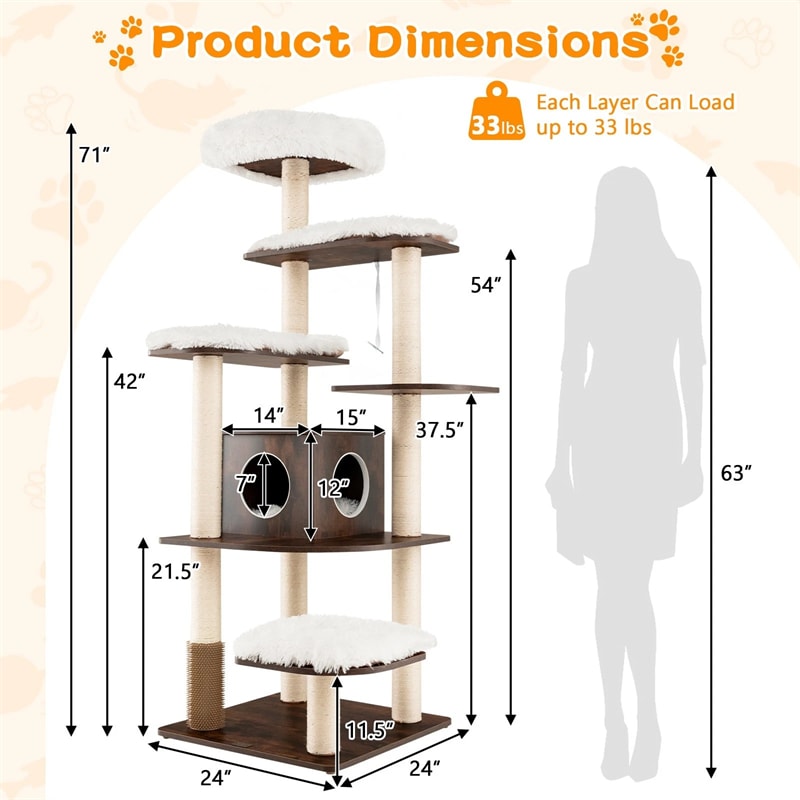 69" Tall Cat Tree, Modern Wood Cat Tower with Multi-Level Platforms, Sisal Scratching Posts & Washable Cushions for Large Cats up to 20 lbs