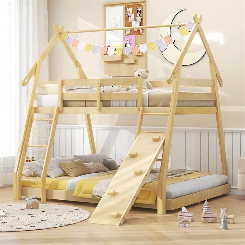 Twin Over Queen House Bunk Bed, Wood Kids Floor Bunk Bed Frame with Climbing Nets & Ramp, Safety Rails for Boys Girls, No Box Spring Needed