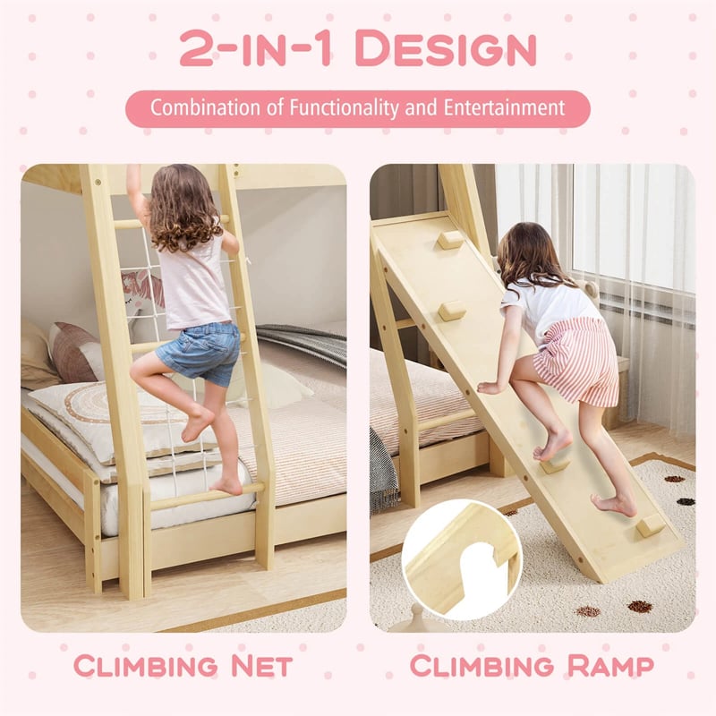 Twin Over Queen House Bunk Bed, Wood Kids Floor Bunk Bed Frame with Climbing Nets & Ramp, Safety Rails for Boys Girls, No Box Spring Needed
