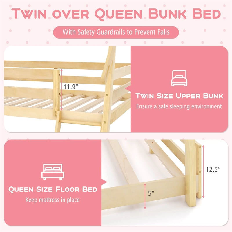 Twin Over Queen House Bunk Bed, Wood Kids Floor Bunk Bed Frame with Climbing Nets & Ramp, Safety Rails for Boys Girls, No Box Spring Needed