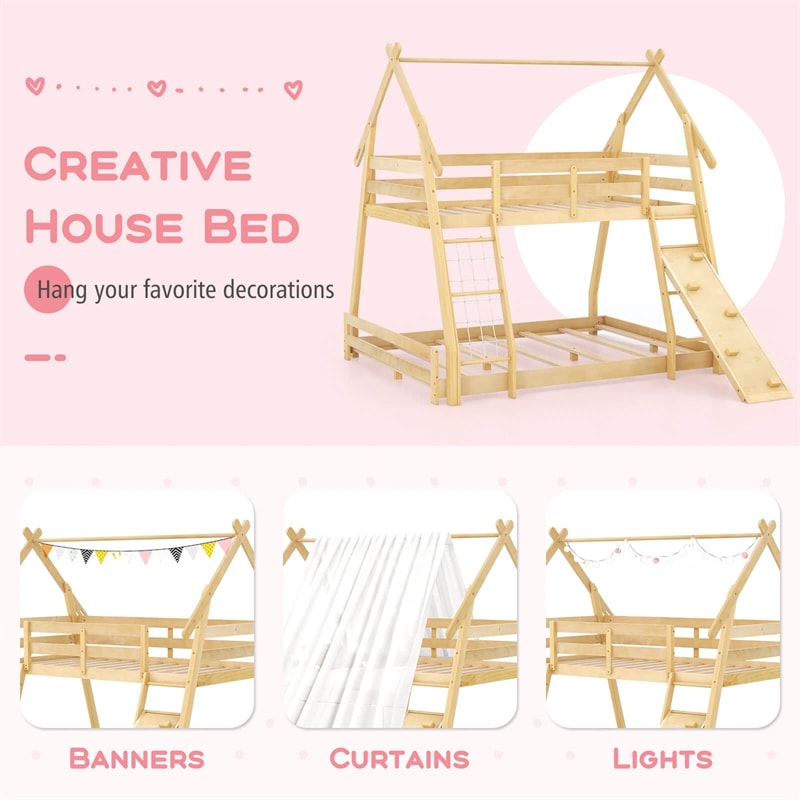Twin Over Queen House Bunk Bed, Wood Kids Floor Bunk Bed Frame with Climbing Nets & Ramp, Safety Rails for Boys Girls, No Box Spring Needed