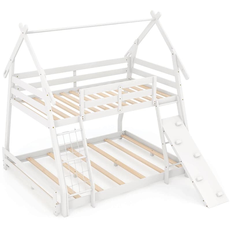 Twin Over Queen House Bunk Bed, Wood Kids Floor Bunk Bed Frame with Climbing Nets & Ramp, Safety Rails for Boys Girls, No Box Spring Needed