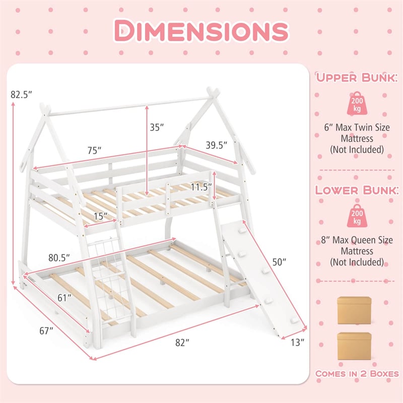 Twin Over Queen House Bunk Bed, Wood Kids Floor Bunk Bed Frame with Climbing Nets & Ramp, Safety Rails for Boys Girls, No Box Spring Needed