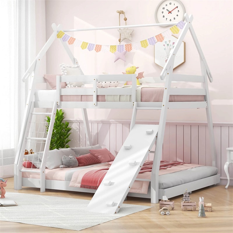 Twin Over Queen House Bunk Bed, Wood Kids Floor Bunk Bed Frame with Climbing Nets & Ramp, Safety Rails for Boys Girls, No Box Spring Needed