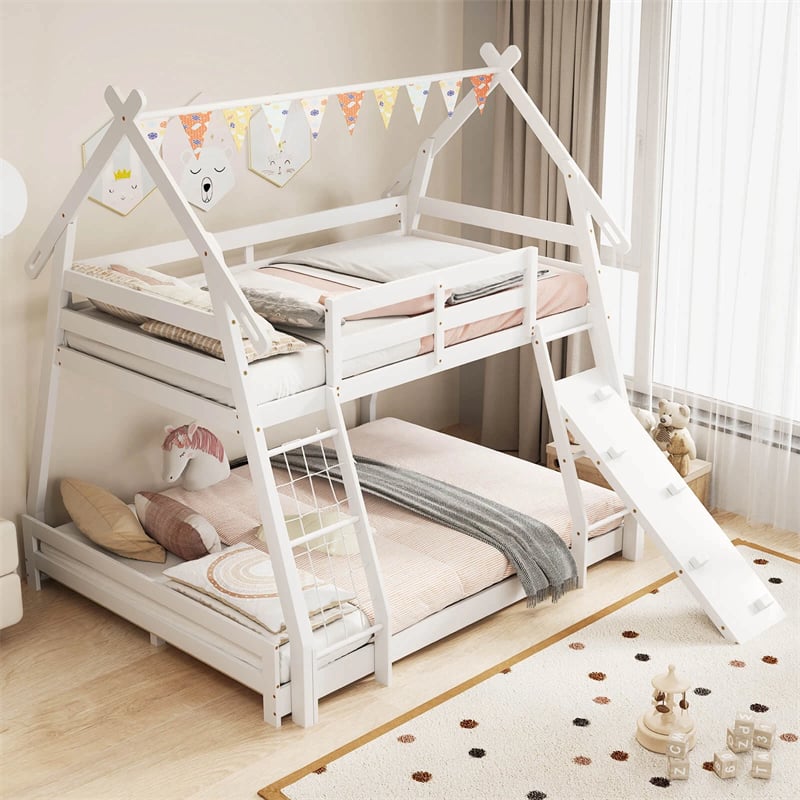 Twin Over Queen House Bunk Bed, Wood Kids Floor Bunk Bed Frame with Climbing Nets & Ramp, Safety Rails for Boys Girls, No Box Spring Needed