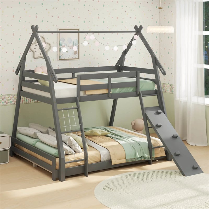 Twin Over Queen House Bunk Bed, Wood Kids Floor Bunk Bed Frame with Climbing Nets & Ramp, Safety Rails for Boys Girls, No Box Spring Needed