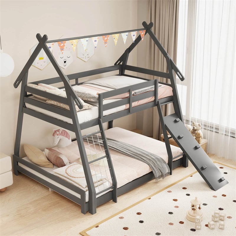 Twin Over Queen House Bunk Bed, Wood Kids Floor Bunk Bed Frame with Climbing Nets & Ramp, Safety Rails for Boys Girls, No Box Spring Needed