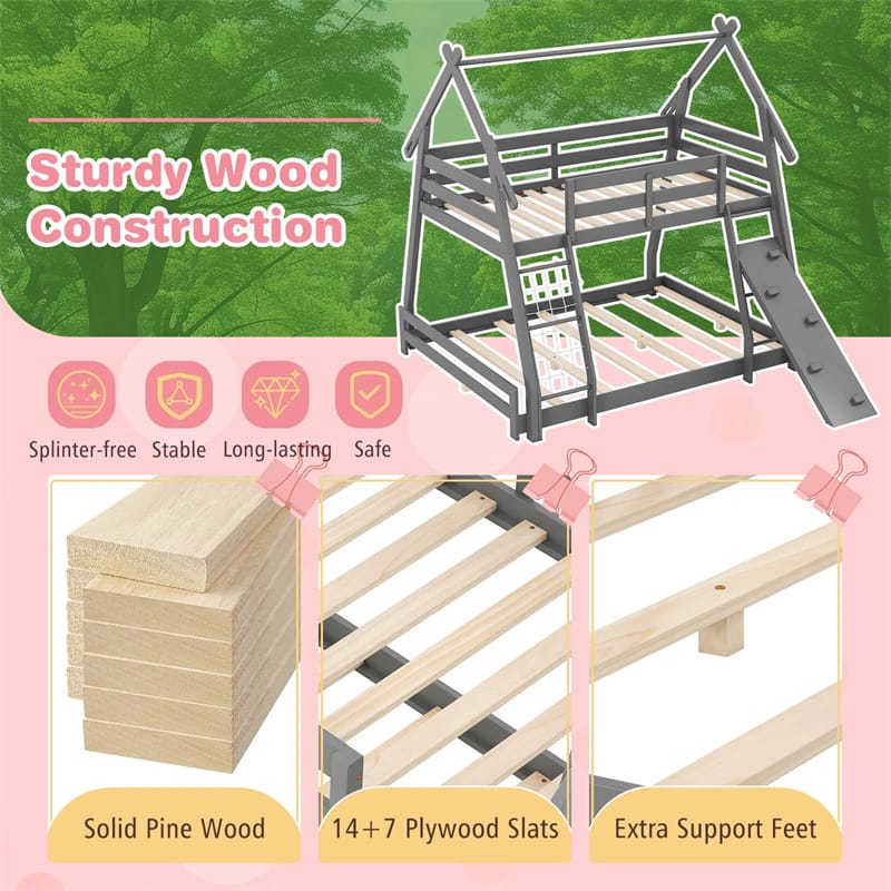 Twin Over Queen House Bunk Bed, Wood Kids Floor Bunk Bed Frame with Climbing Nets & Ramp, Safety Rails for Boys Girls, No Box Spring Needed