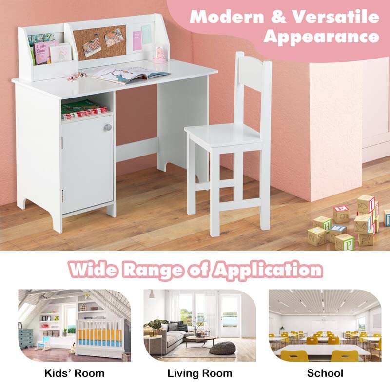 Kids Table and Chair Set, Wooden Study Table with Whiteboard, Cork Board, Storage Hutch & Cabinet, Student Computer Workstation for Bedroom