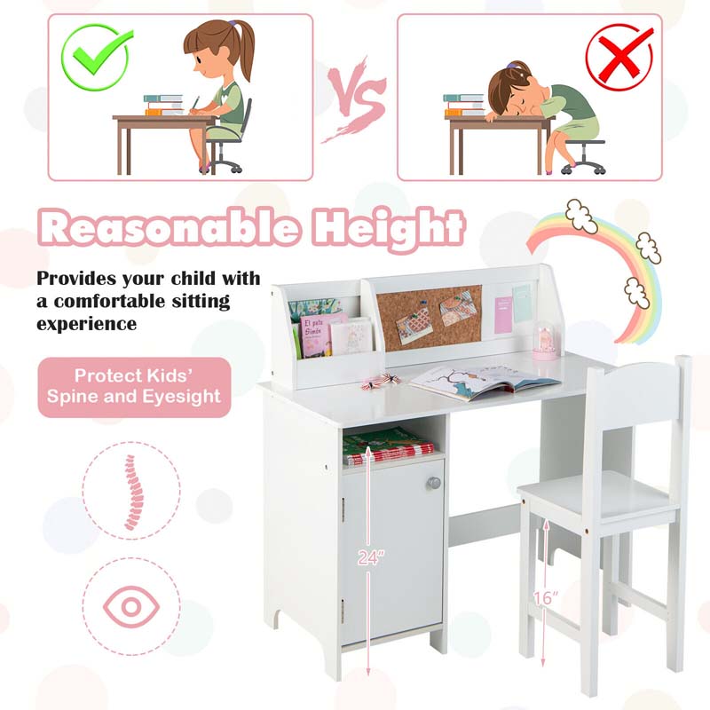 Kids Table and Chair Set, Wooden Study Table with Whiteboard, Cork Board, Storage Hutch & Cabinet, Student Computer Workstation for Bedroom