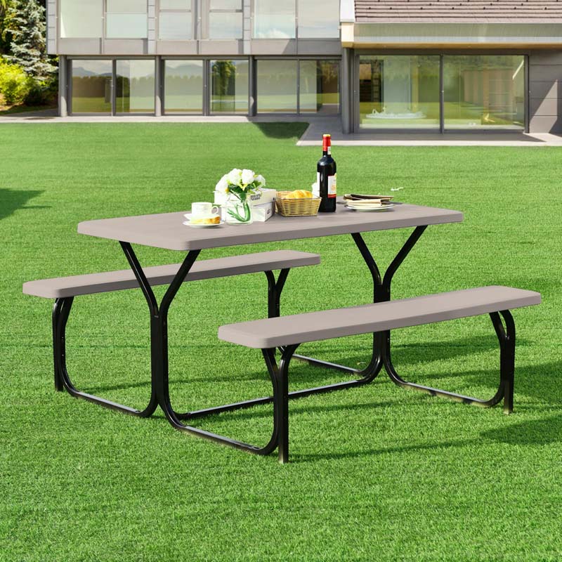 Outdoor Picnic Table Bench Set, All-Weather Dining Table Set, Metal Base Wood-Like Texture, Large Camping Table for Lawn Garden Backyard