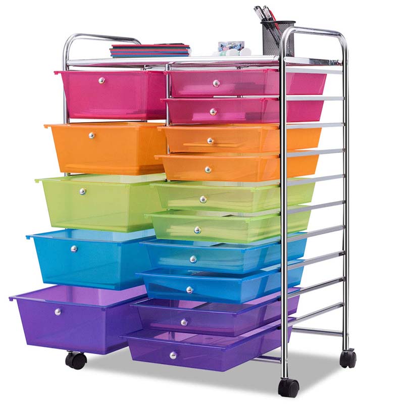 15-Drawer Storage Drawer Cart Tools Scrapbook Paper Organizer Cart Office School Utility Cart Rolling Storage Cart with Wheels