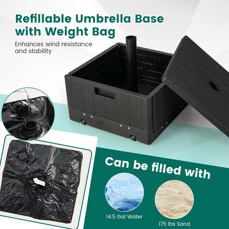3-in-1 175LBS Outdoor Fillable Umbrella Base with Adjustable Table Tray & Weighted Bag, Wheeled Umbrella Stand for Patio Garden Poolside