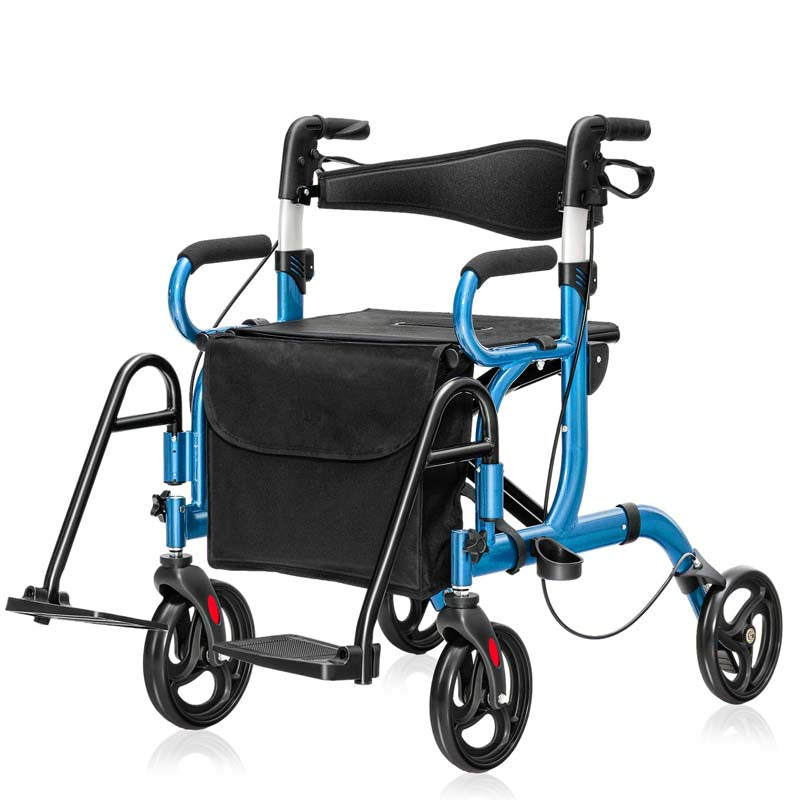2 in 1 Folding Rollator Walker with Seat, Aluminum Medical Walker Transport Wheelchair with 8" Wheels & Bag, Mobility Walking Aid for Seniors