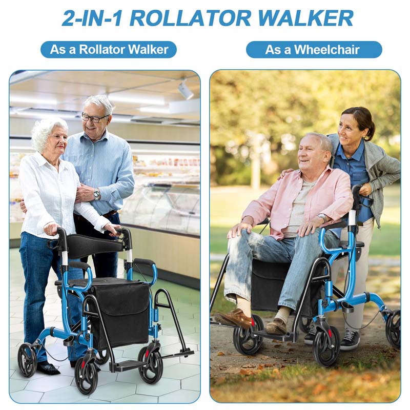 2 in 1 Folding Rollator Walker with Seat, Aluminum Medical Walker Transport Wheelchair with 8" Wheels & Bag, Mobility Walking Aid for Seniors