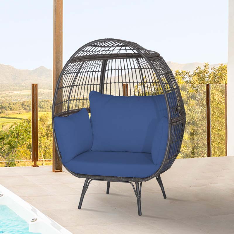 Oversized Wicker Egg Chair with 4 Cushions, Steel Frame Basket Chair Rattan Indoor Outdoor Lounger for Patio, Living Room