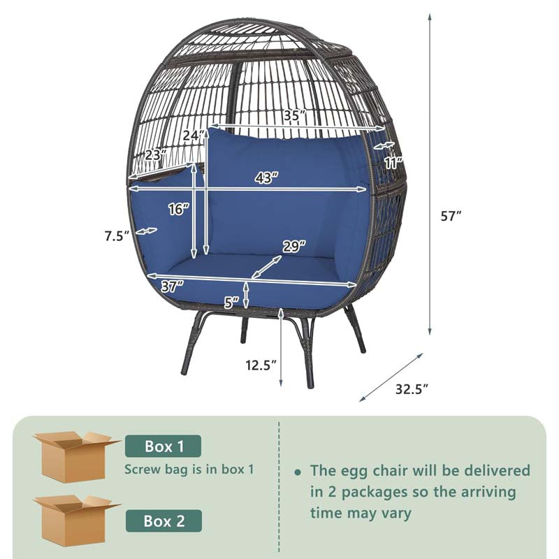 Oversized Wicker Egg Chair with 4 Cushions, Steel Frame Basket Chair Rattan Indoor Outdoor Lounger for Patio, Living Room