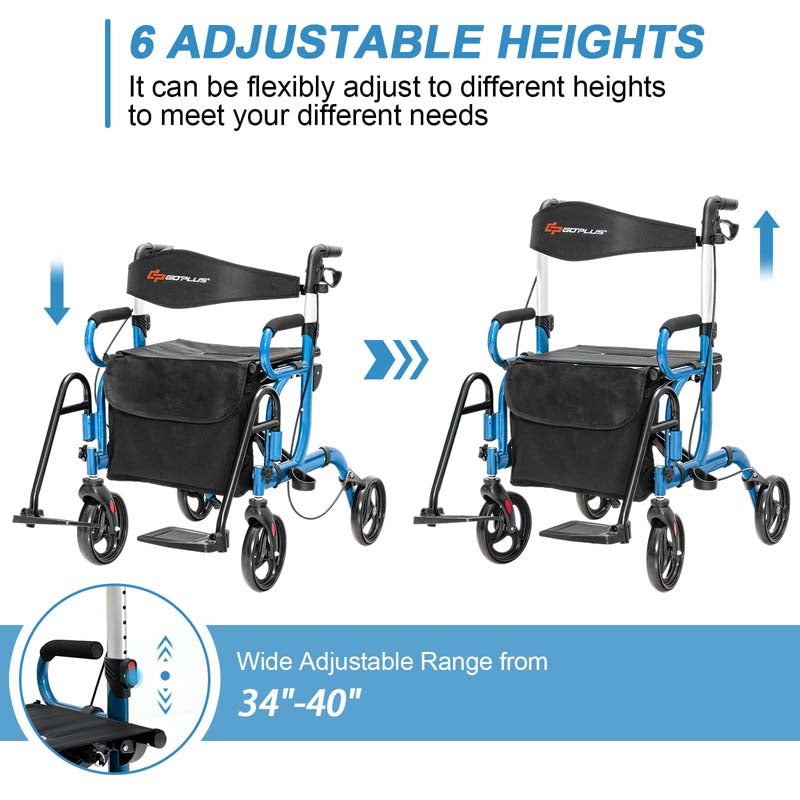 2 in 1 Folding Rollator Walker with Seat, Aluminum Medical Walker Transport Wheelchair with 8" Wheels & Bag, Mobility Walking Aid for Seniors