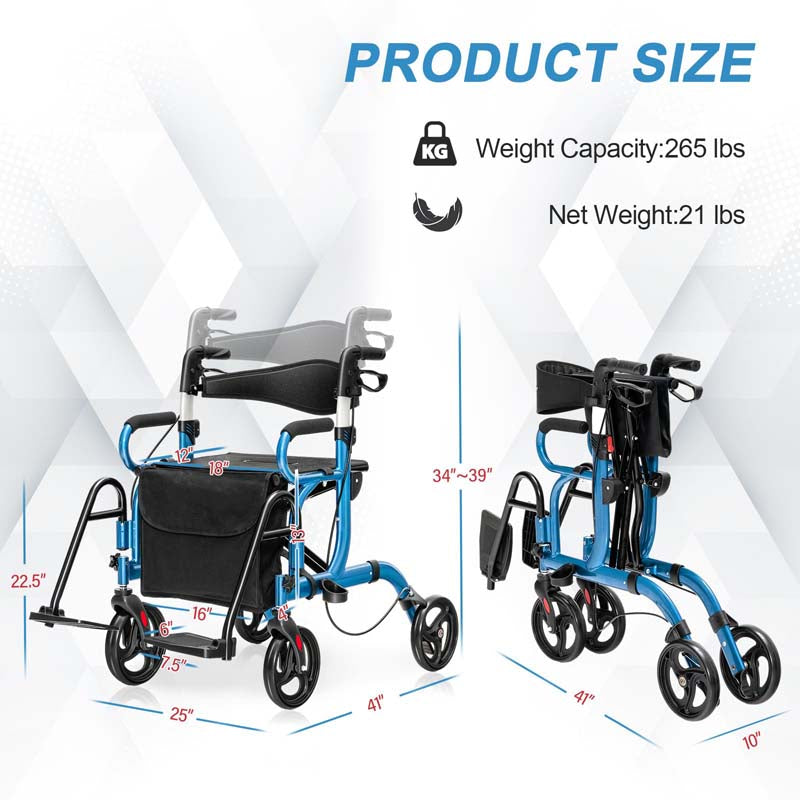 2 in 1 Folding Rollator Walker with Seat, Aluminum Medical Walker Transport Wheelchair with 8" Wheels & Bag, Mobility Walking Aid for Seniors