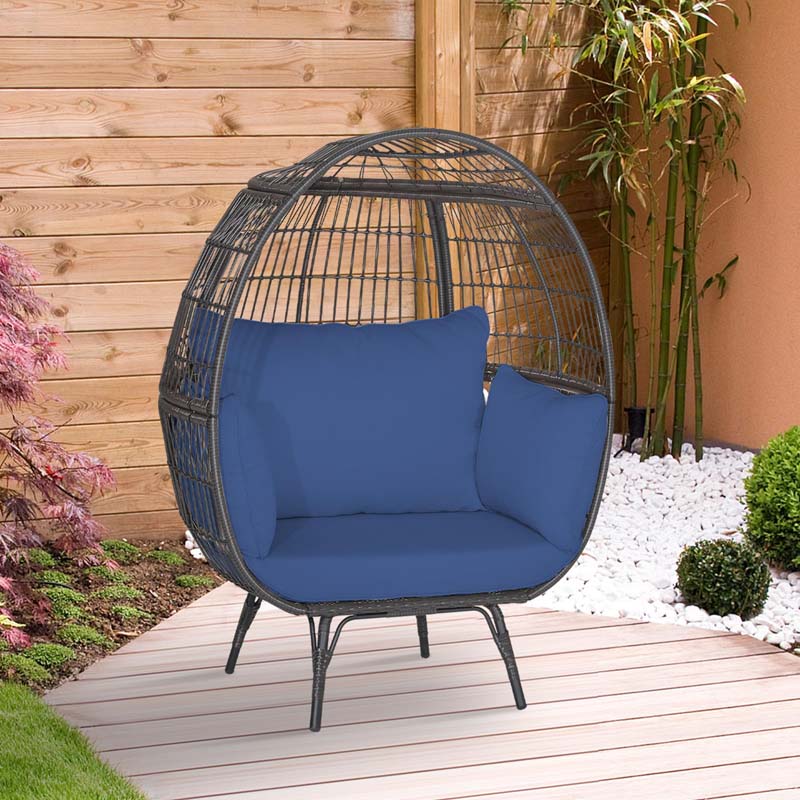 Oversized Wicker Egg Chair with 4 Cushions, Steel Frame Basket Chair Rattan Indoor Outdoor Lounger for Patio, Living Room